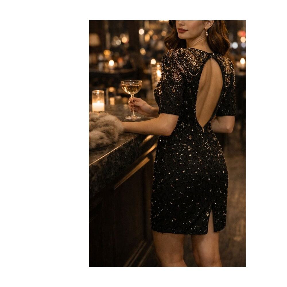 Vintage Black & Gold Silk Beadwork Cocktail Dress Open Back 80s Evening Party